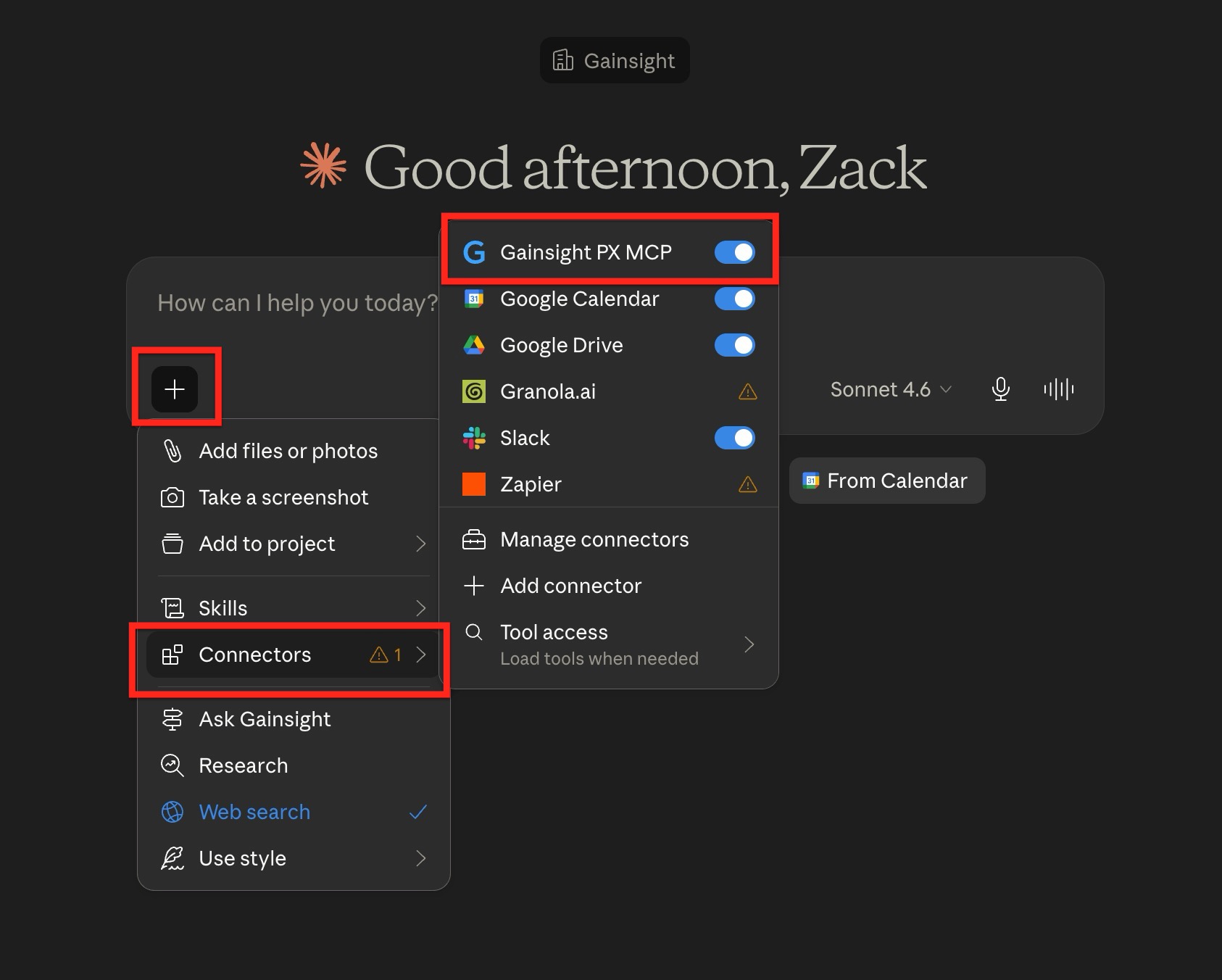 Claude desktop connector menu showing Gainsight PX MCP enabled and available from the Connectors menu in the chat composer.