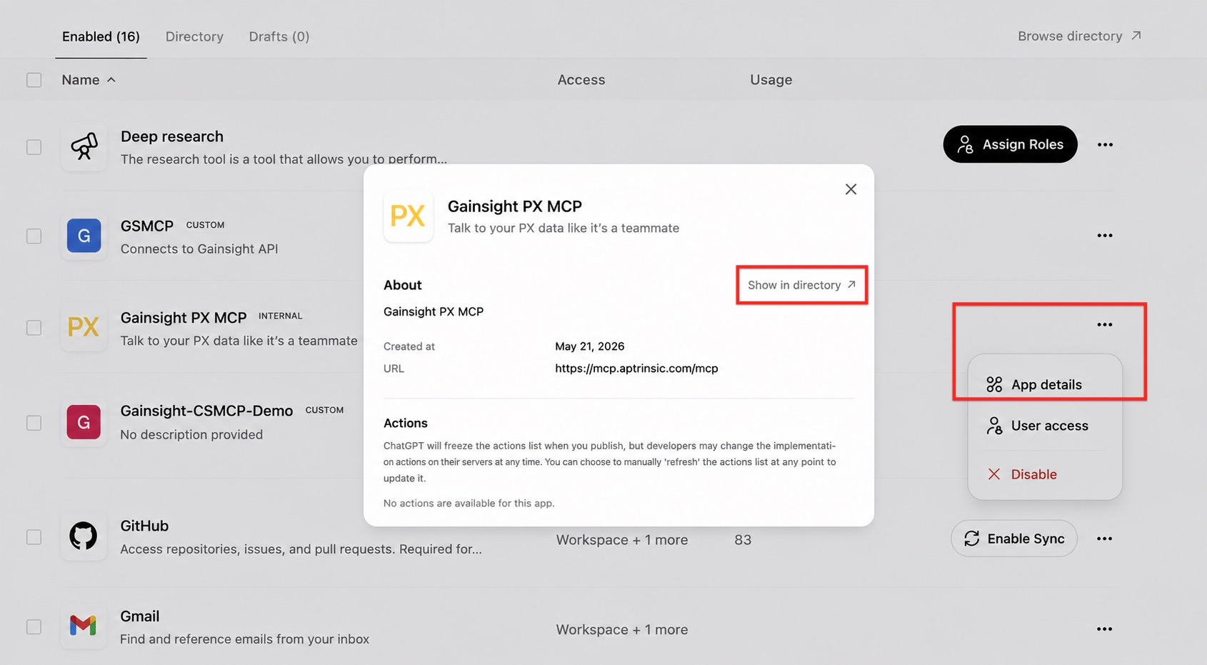 ChatGPT Apps page showing the Gainsight PX MCP app details modal with options for app details, user access, and disable actions.