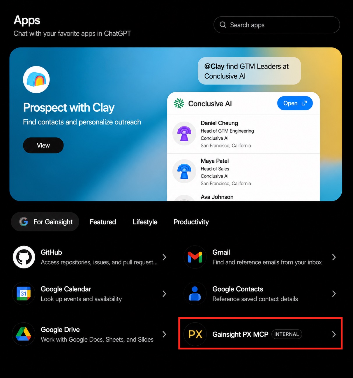 ChatGPT connection modal for Gainsight PX MCP showing API key input field and Connect button for app authentication.