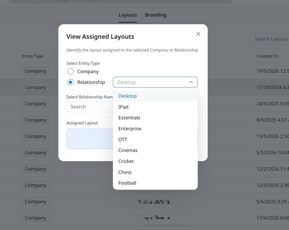 view which companies or relationships are assigned to a specific layout