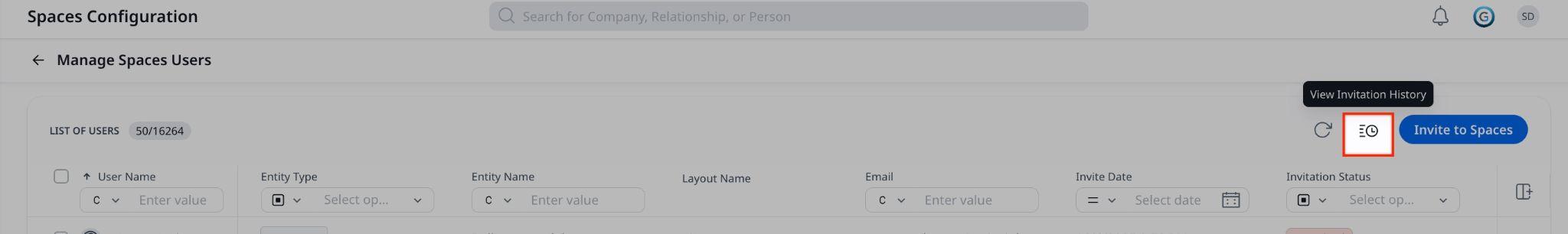 The Invitation History displays logs from bulk invitations only. Invitations sent individually do not appear here.