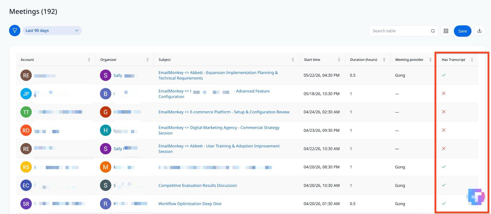 Select and reorder columns option in report with Has transcript column
