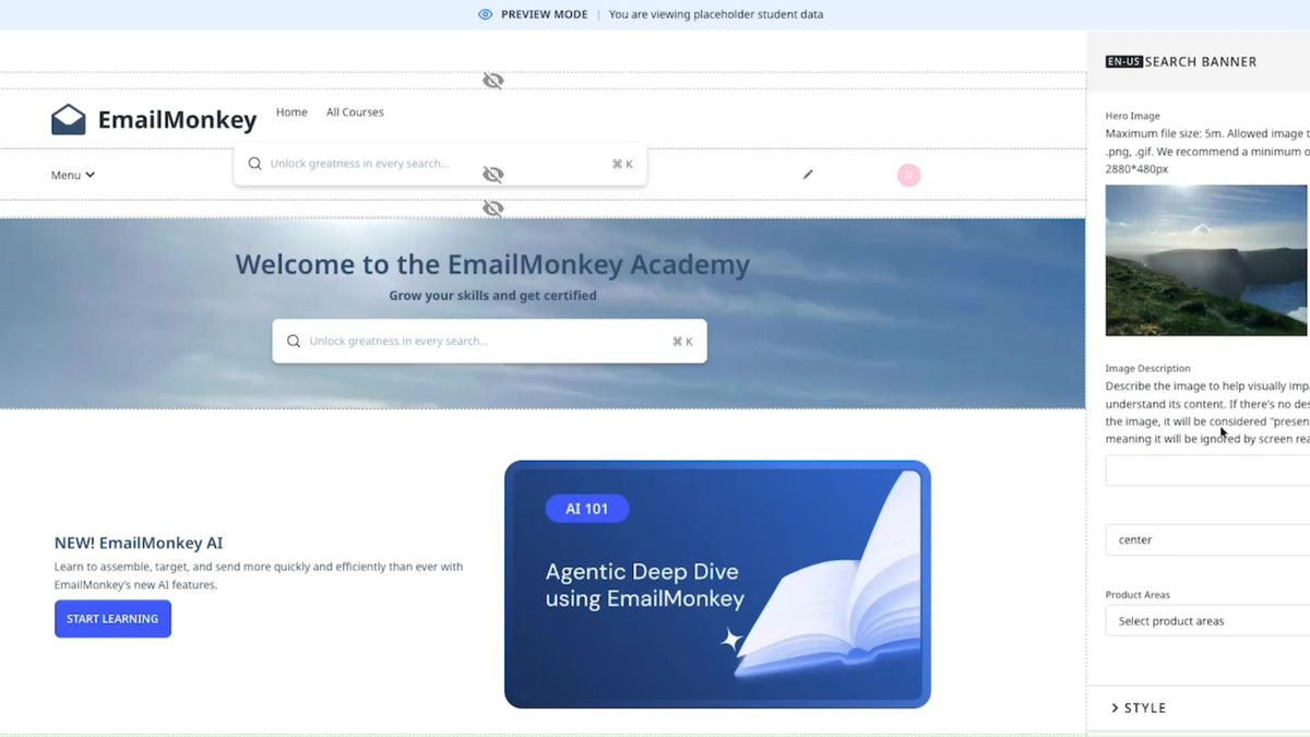 Search Banner section selected in layout mode with configuration options visible