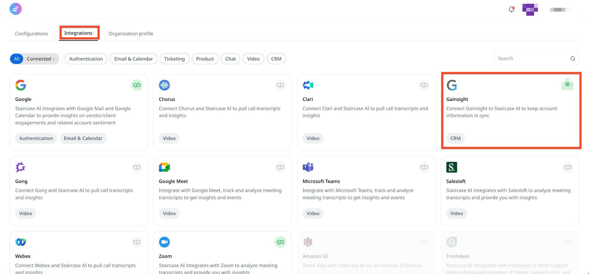 Gainsight Card on Integrations page
