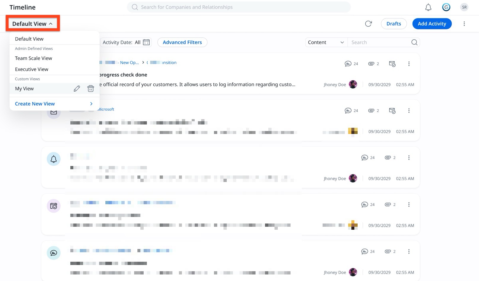 Timeline page showing view selector with default, admin, and custom timeline views plus option to create and manage saved timeline views.