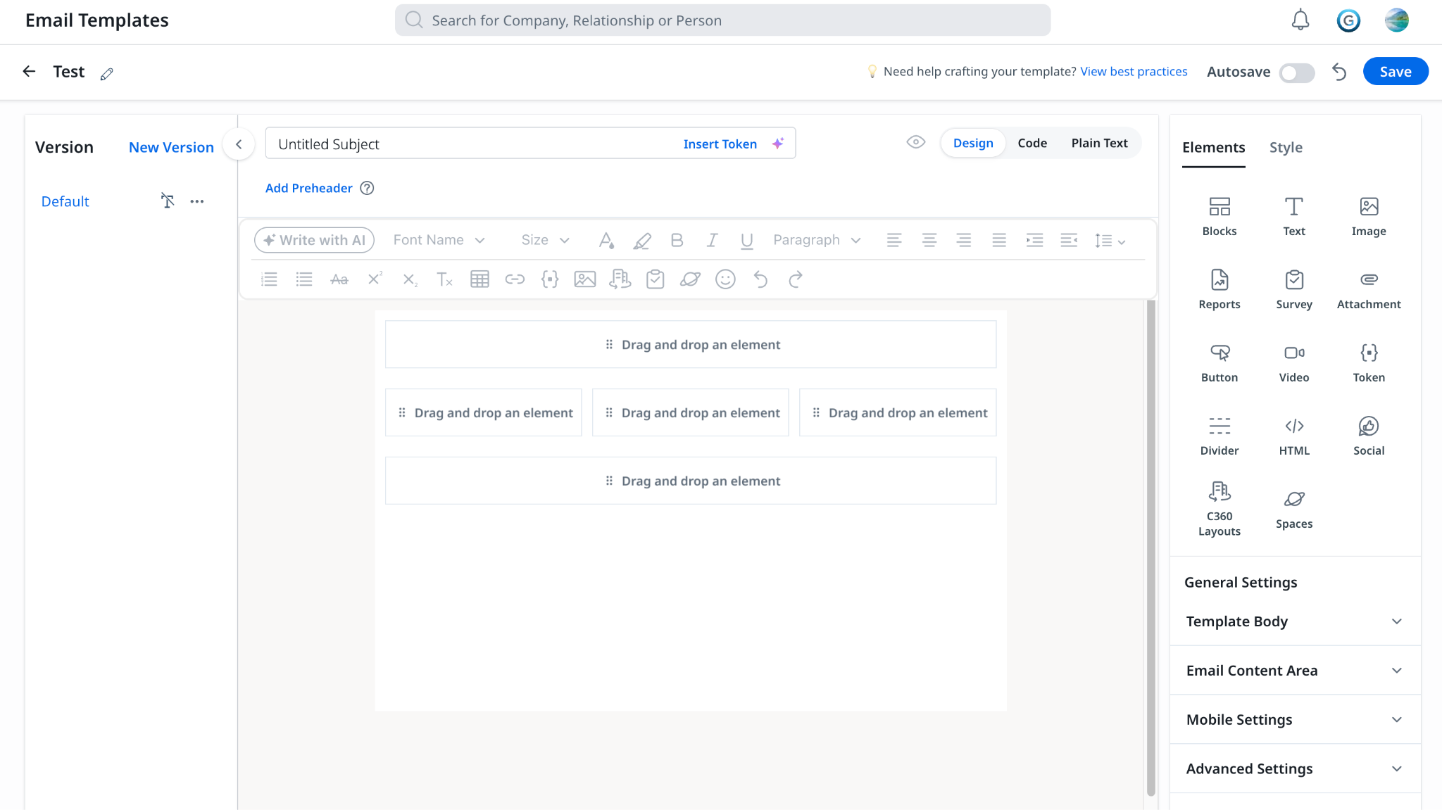 Email template with blank canvas is given