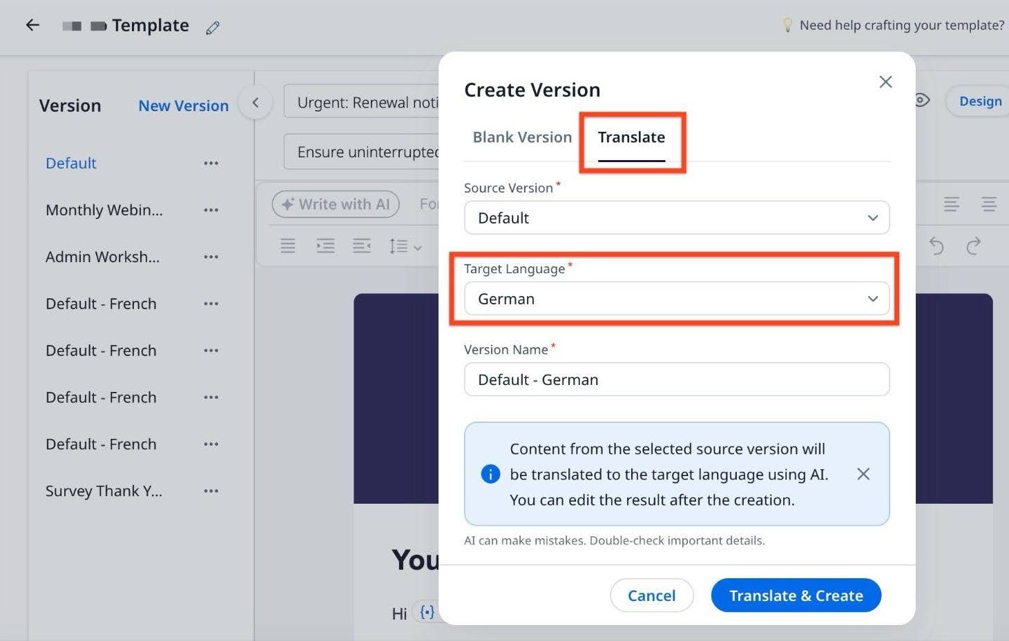 Create Version popup is displayed