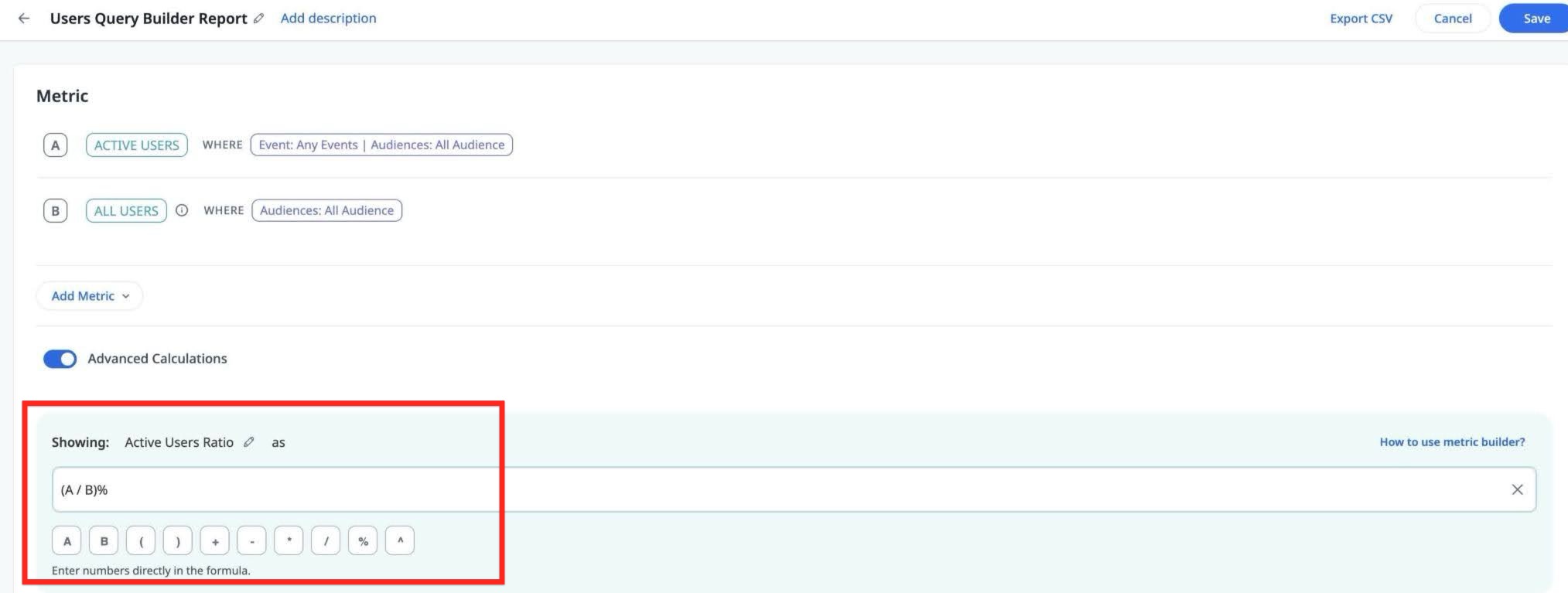 Advanced Calculations editor showing a custom formula built with multiple metrics and mathematical operators.