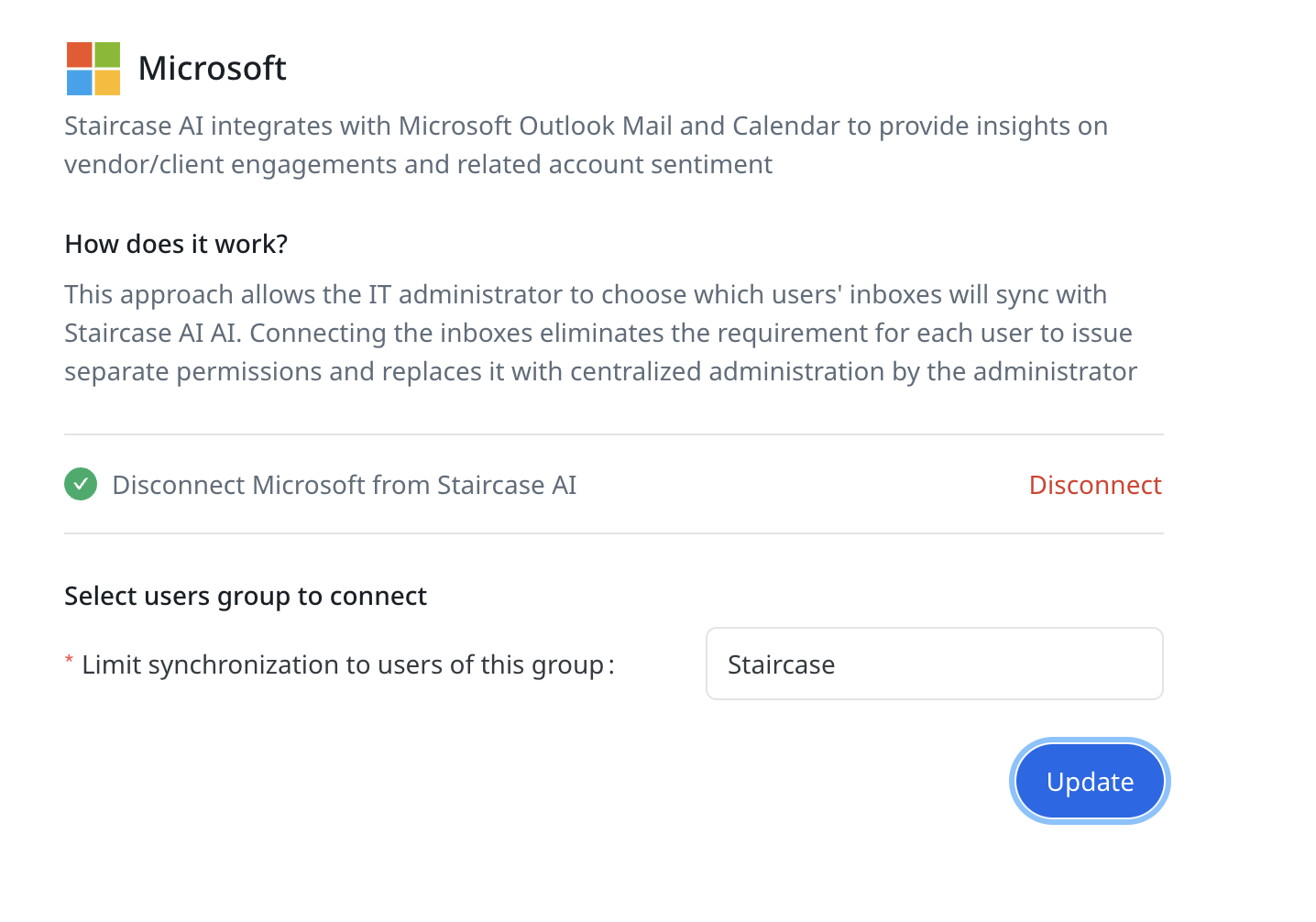 Microsoft integration settings showing a connected status, user group synchronization option, and Update button to apply sync settings.