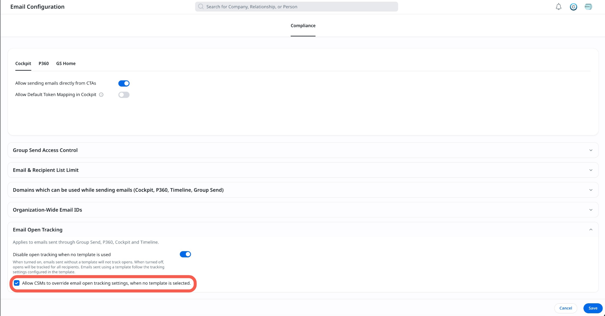 checkbox is selected, CSMs can click the Open Tracking: Of