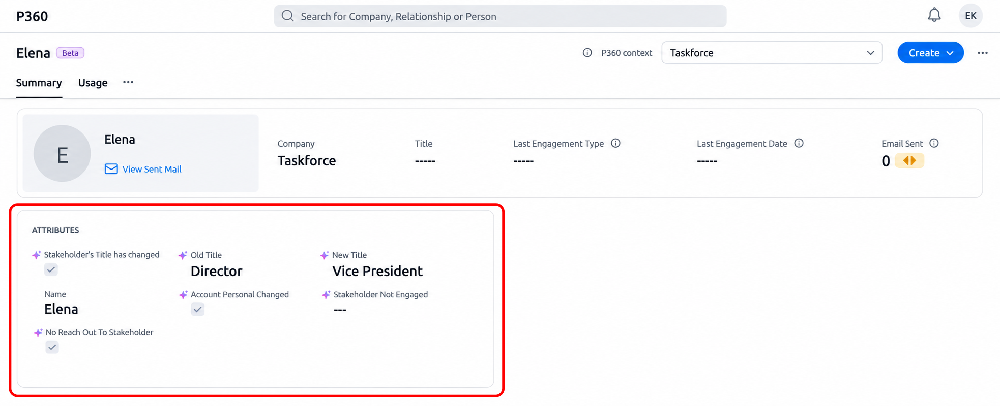 P360 Summary for Elena in the Taskforce context, showing the Attributes section with title change, engagement, and account personnel information.