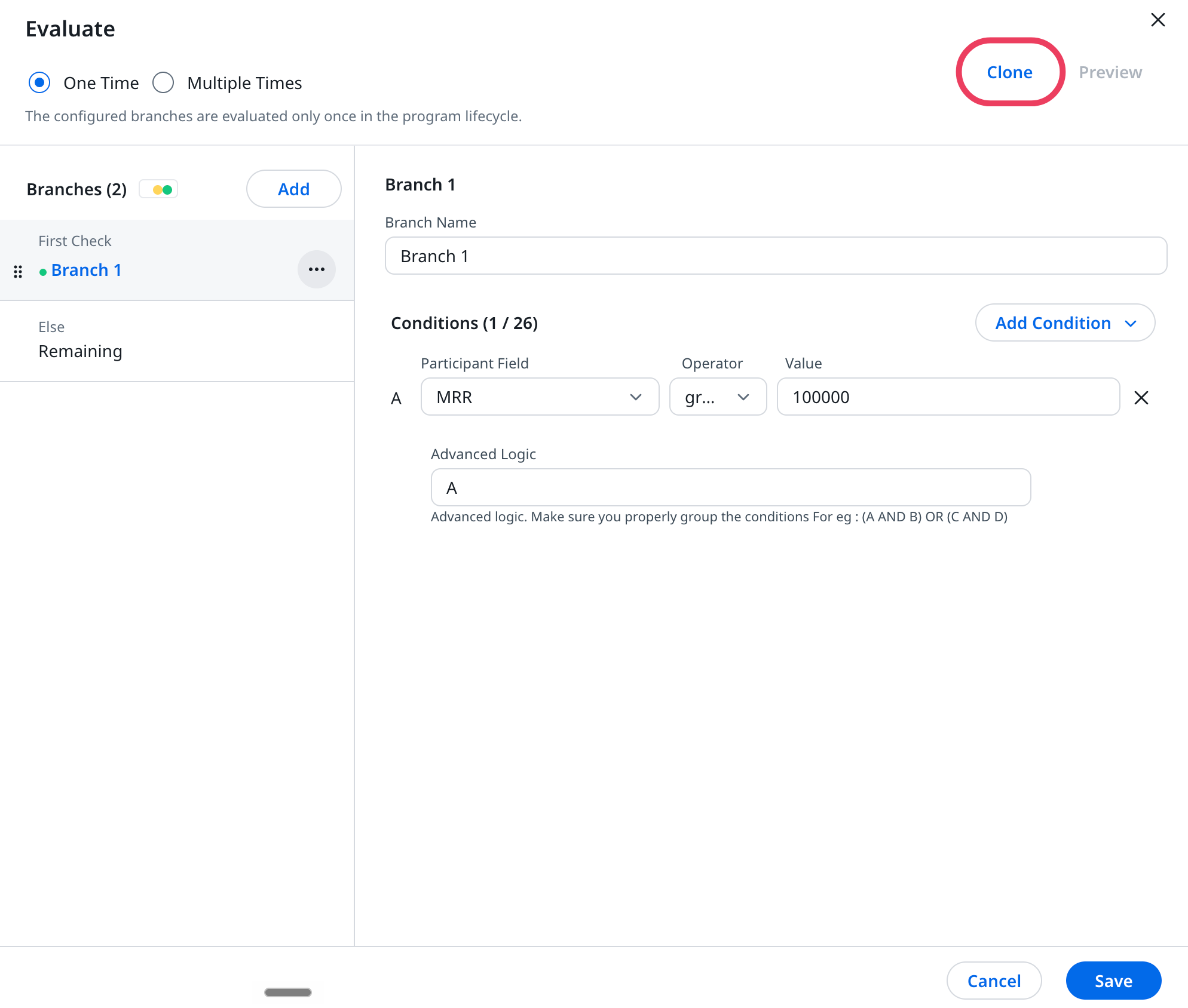 Clone button is shown in the Evaluate element configuration