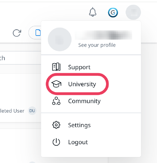 University option displayed in the user profile menu.
